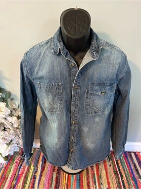 GH Bass Acid Wash Denim ButtonUp Shirt Long Sleeve Blue Tie Dye Casual Medium
